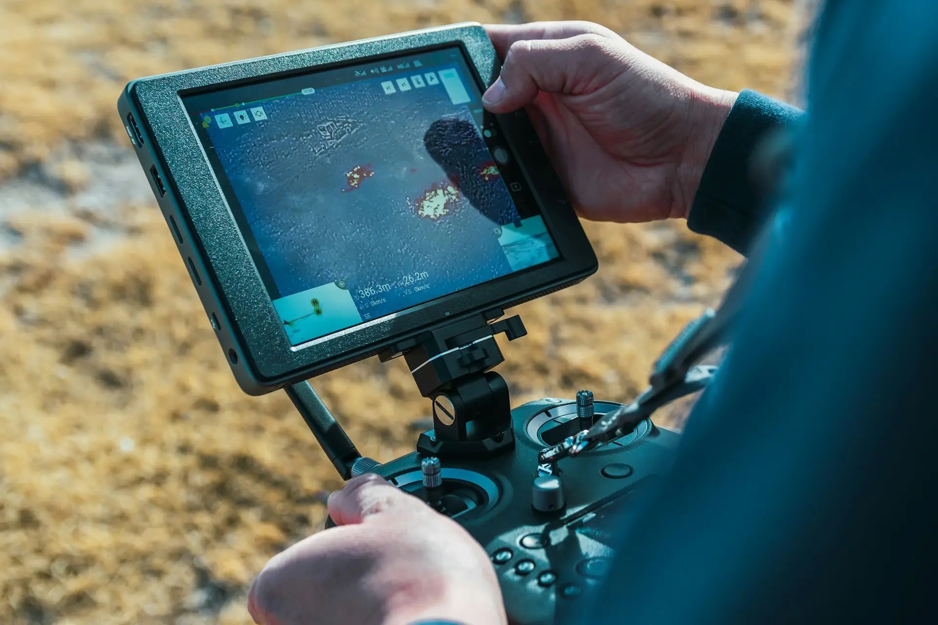 San Rafael, Argentina, June 28, 2021: firefighter flying drone with thermal camera
